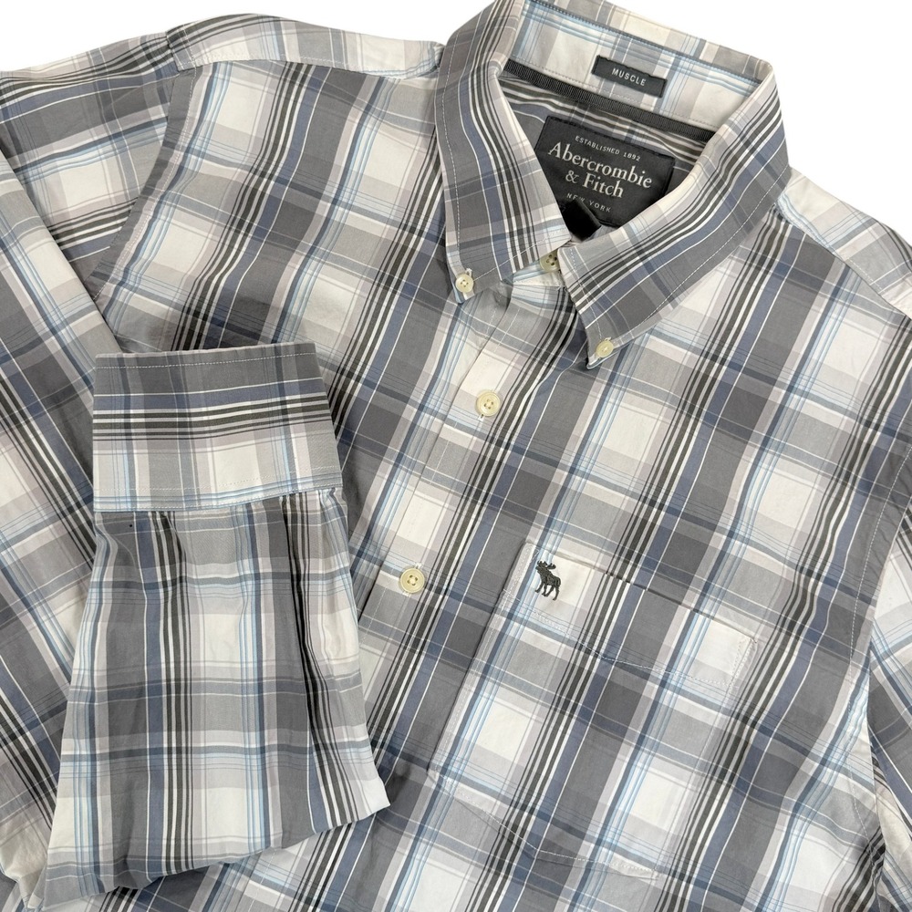 ABERCROMBIE FITCH Muscle Fit Button Down Shirt Mens XL Gray Plaid Casual